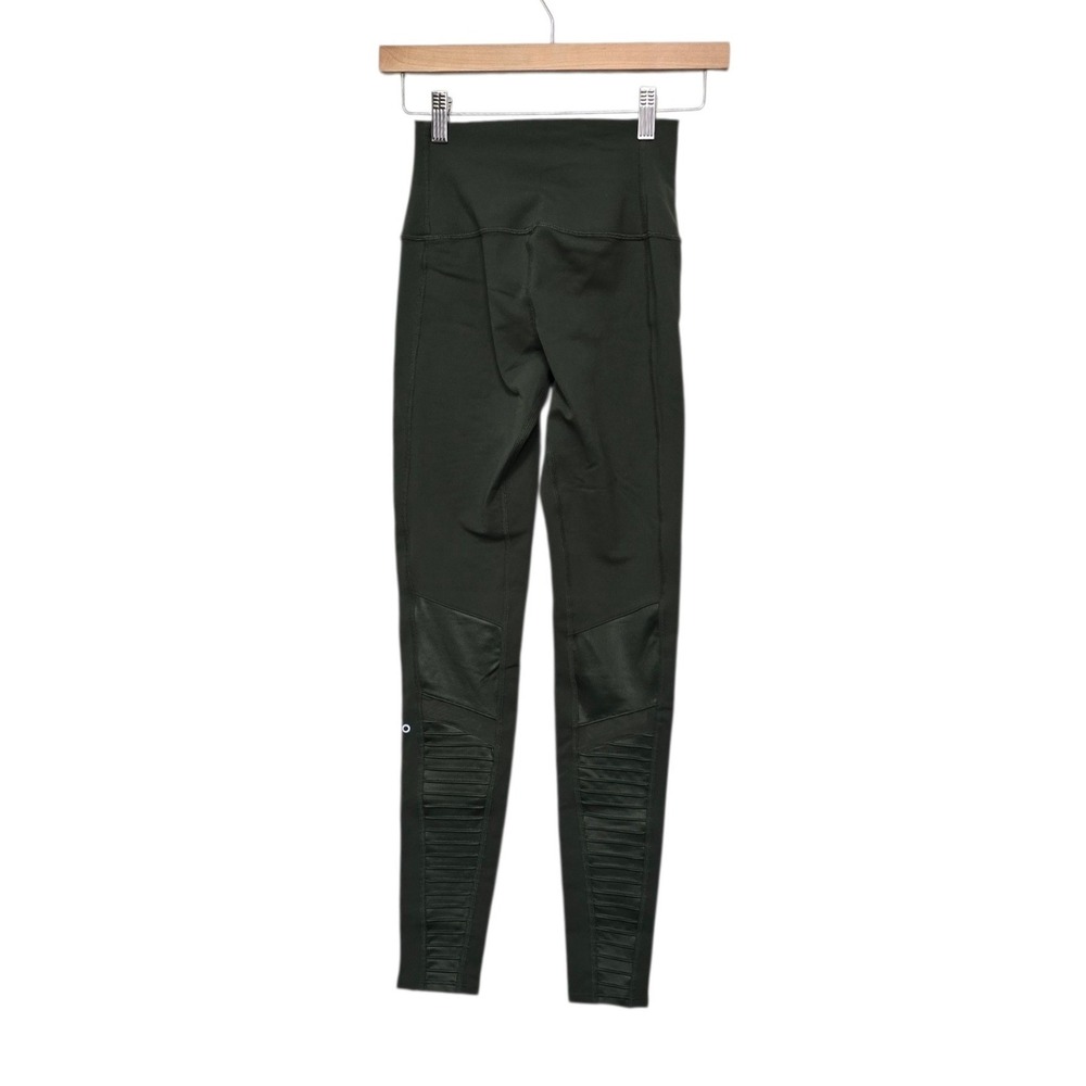 Alo Yoga High-Waist Moto Legging Hunter Green Glossy Pleated Panels Size Xs View 2